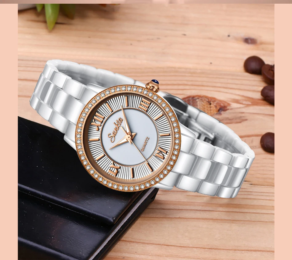 SUNKTA Лидирующий бренд роскошные женские часы со стразами простые водонепроницаемые часы женские розовые золотые черные керамические кварцевые часы Zegarek Damski