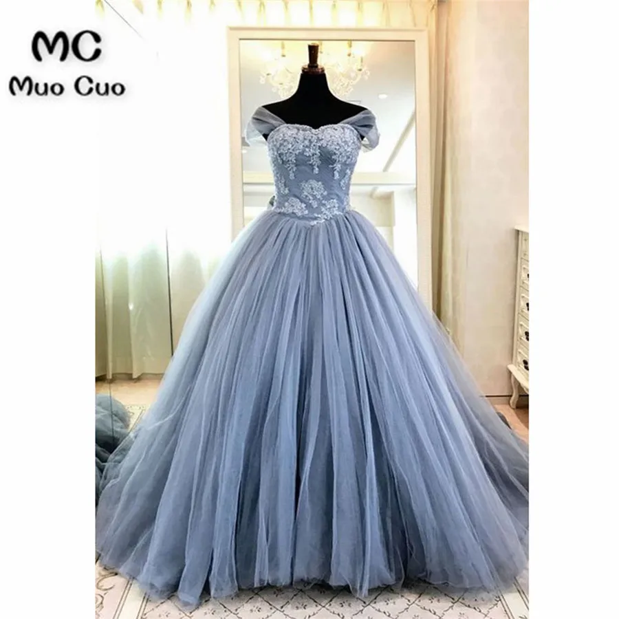 Blue gray tulle high neck cap sleeve long evening dress, long formal prom gown with appliqués