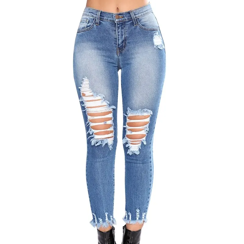 Fashion Women Blue Jeans Hole Ripped High Waist Denim Pants Skinny