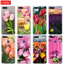 Pokrywa silikonowa telefon etui na Huawei Honor 7A PRO 7C Y5 Y6 Y7 Y9 2017 2018 Prime tulipany kwiat wiosna pole czerwony różowy fioletowy(China)
