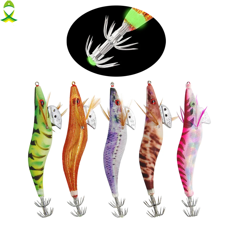JSM 5pcs/lot Sea luminous Artificial Wood Shrimp Squid hook cuttlefish