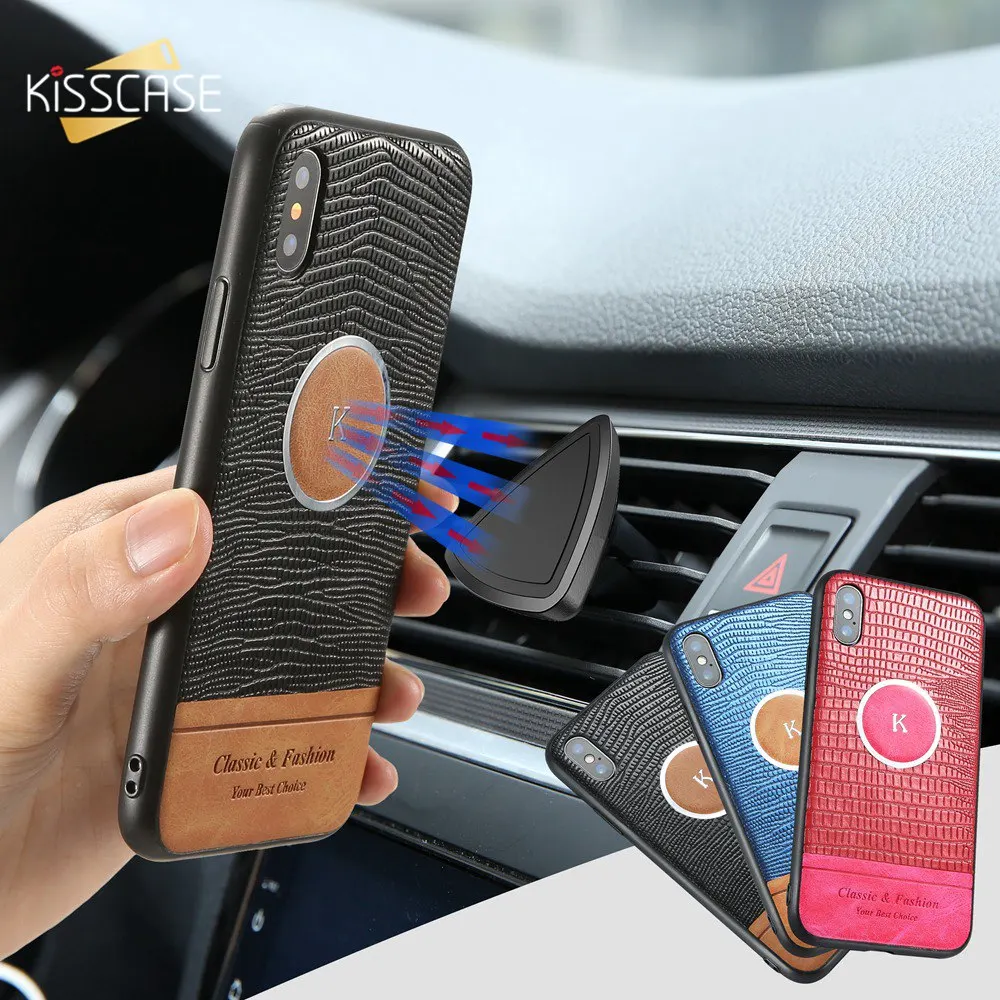 KISSCASE Leather Texture Phone Case For iPhone X 6 6S 7 8 Plus Cover Magnetic Car Holder Soft TPU 5 5S SE Capa |