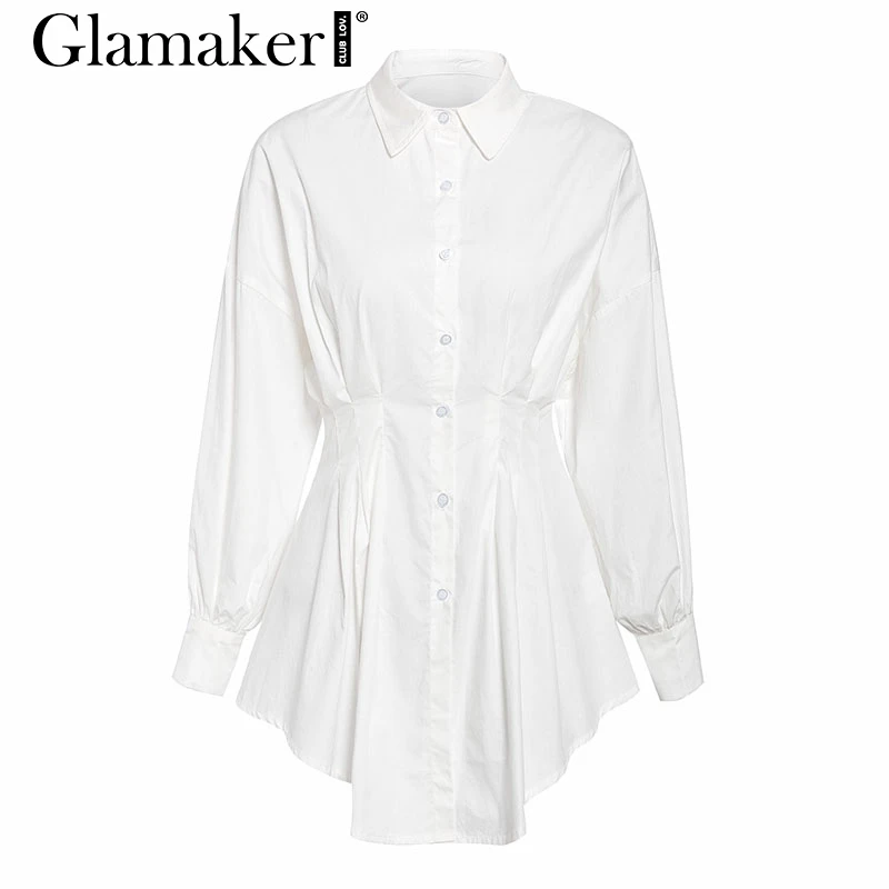 Beste Glamaker Batwing Mouw Witte Mini Jurk Vrouwen Office Lady Geplooide Blouse Shirt Jurk Herfst Hoge Taille Slanke Elegante Korte Jurk