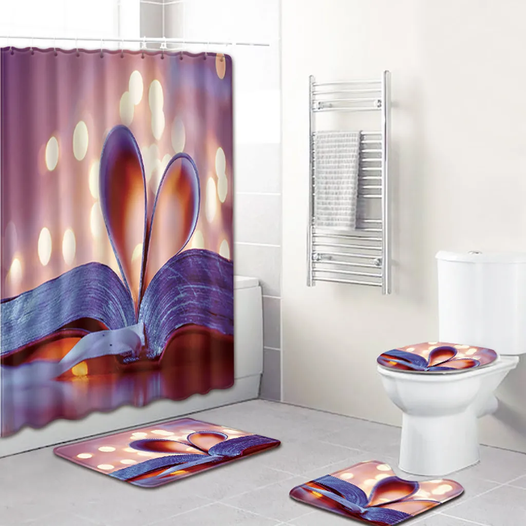 

1PC Love Pattern 3D Three-dimensional Cool Scenic Shower Curtain Toilet Cushion 4 sets Polyester Fiber Bath Curtains Creative #X