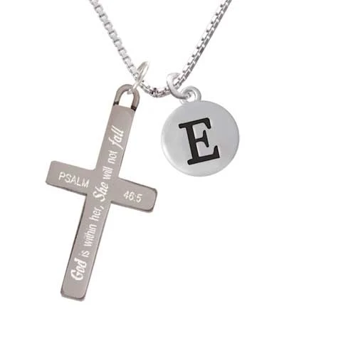 Capital Letter - E - Pebble Disc - - She will not Fall - Cross Necklace (1)
