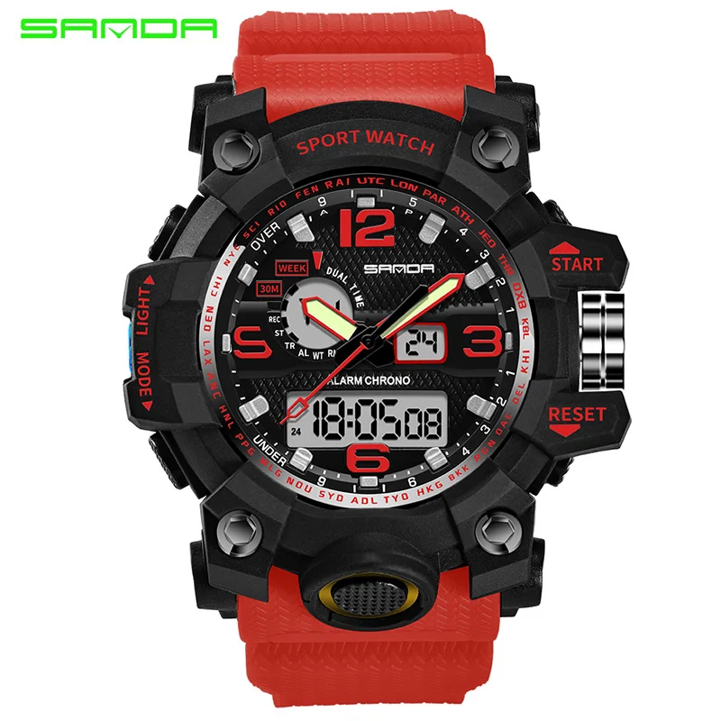 SANDA, военные часы, водонепроницаемые, спортивные часы, мужские, светодиодный, цифровые часы, лучший бренд, роскошные часы, для кемпинга, дайвинга, relogio masculino - Цвет: red