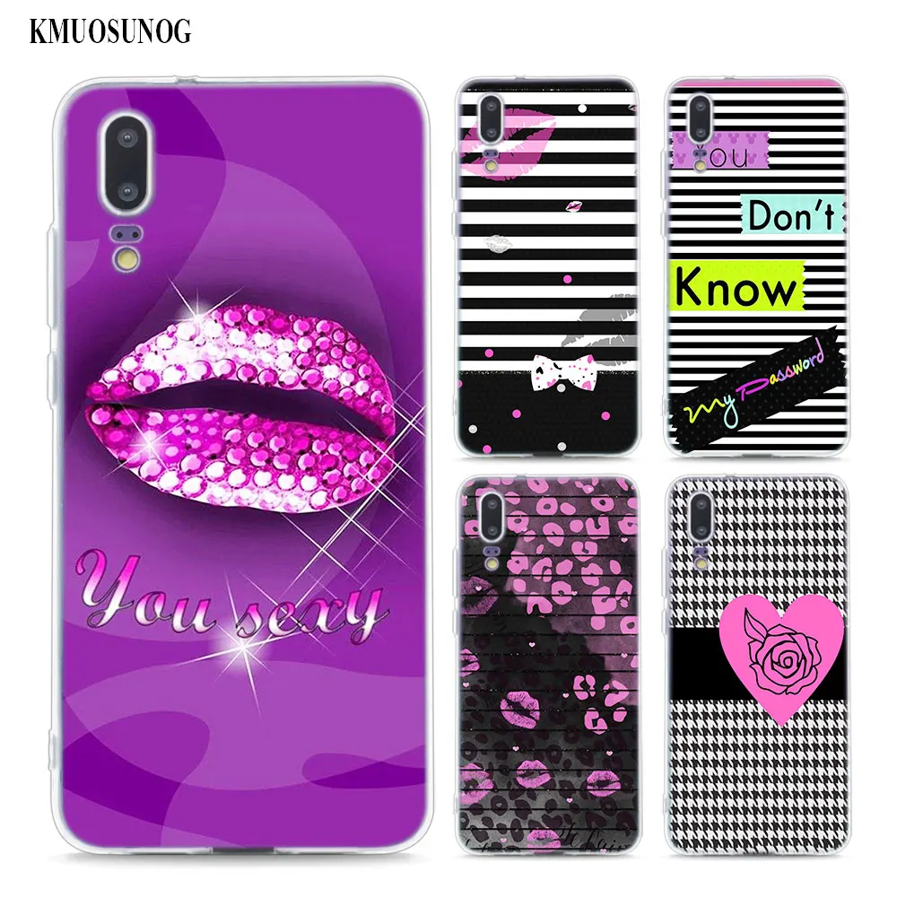 

Transparent Soft Silicone Phone Cases Pink Stripes With Heart lips for Huawei Honor P20 P10 P9 P8 9 8 Lite 2017 7A Pro