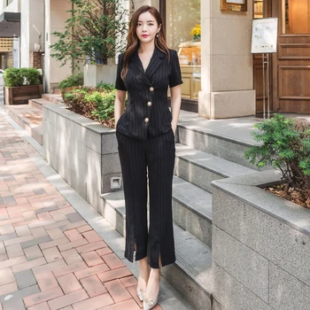

New arrival women temperament OL striped two-piece set sexy slim jacket and long pant fashion wild work style cute women set