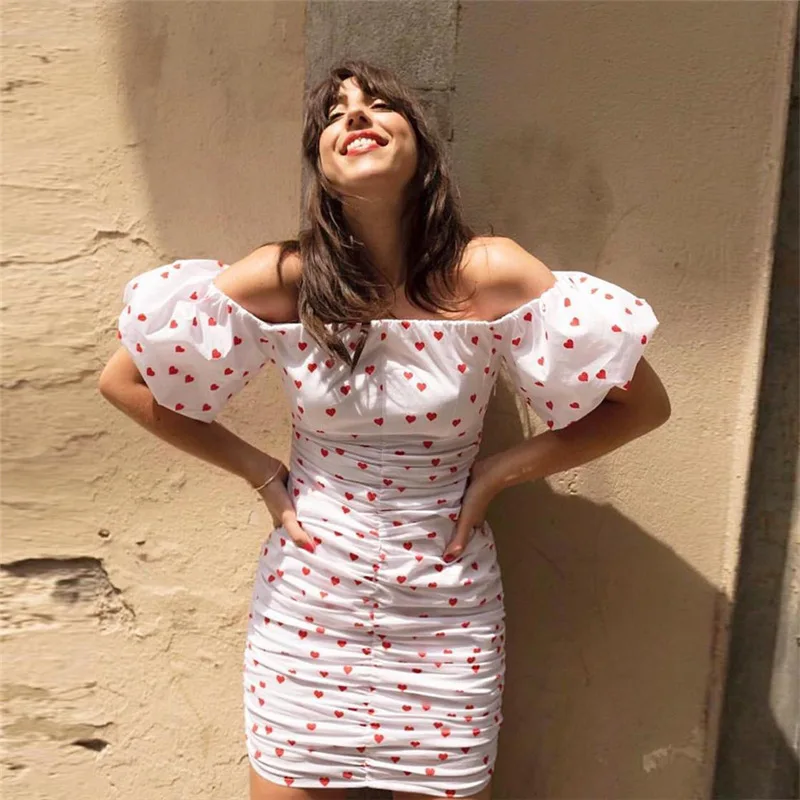 

Heart Printing Women Summer Dress Elegant Off Shoulder Slim Female Vestidos Chiffon Ruff Sleeve Women Beach Dress