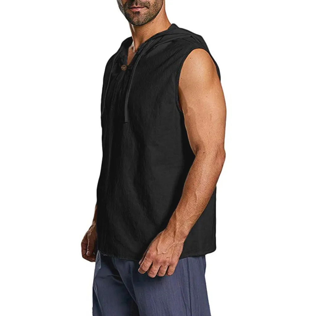 Men's Baggy Cotton Linen Solid Button Beach Sleeveless Hooded Shirt Tank Tops