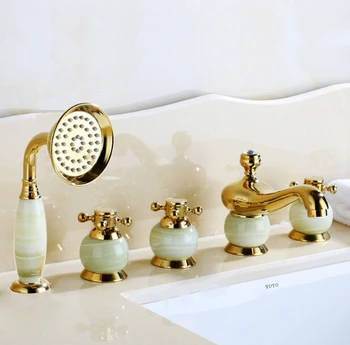 

New arrival brass gold and jade 5 pcs Deck-Mounted bathroom bathtub faucet set with shower head Tub Filler Faucet Mixer Taps