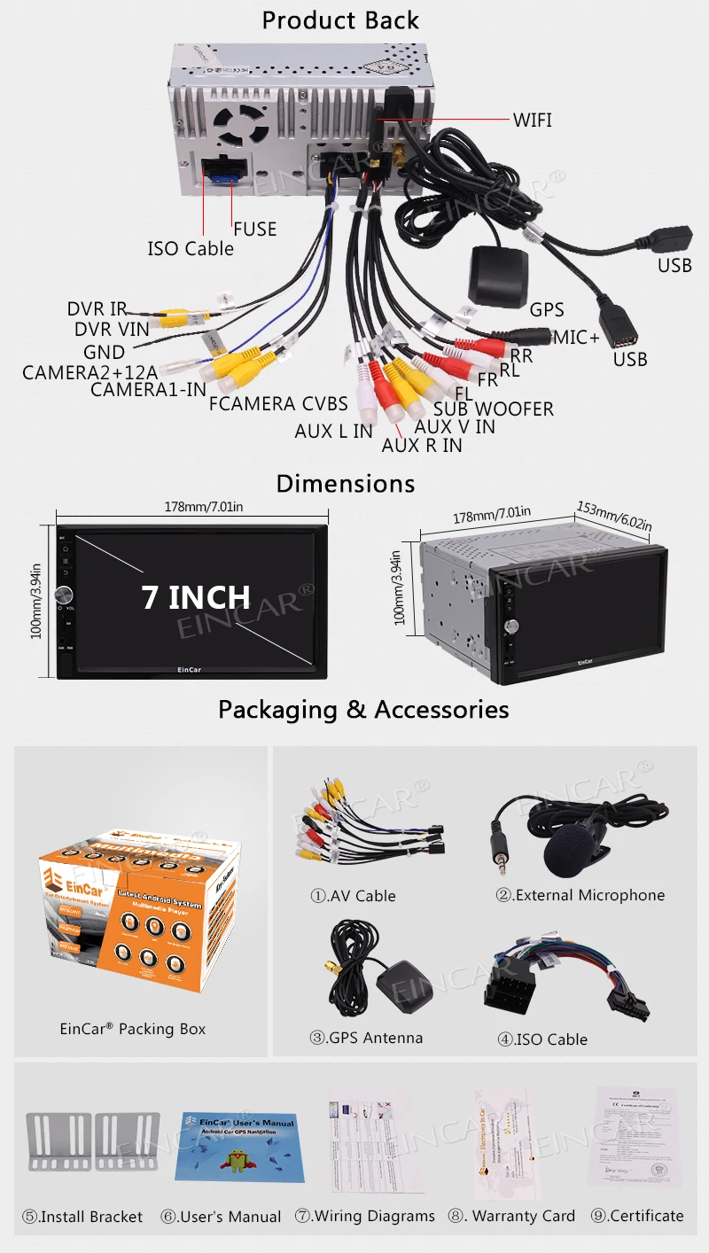 Perfect Android 7.1 Stereo Auto Radio 3D GPS Sat Navigation Bluetooth External Microphone Include Head Unit Car Player + Backup Camera 10