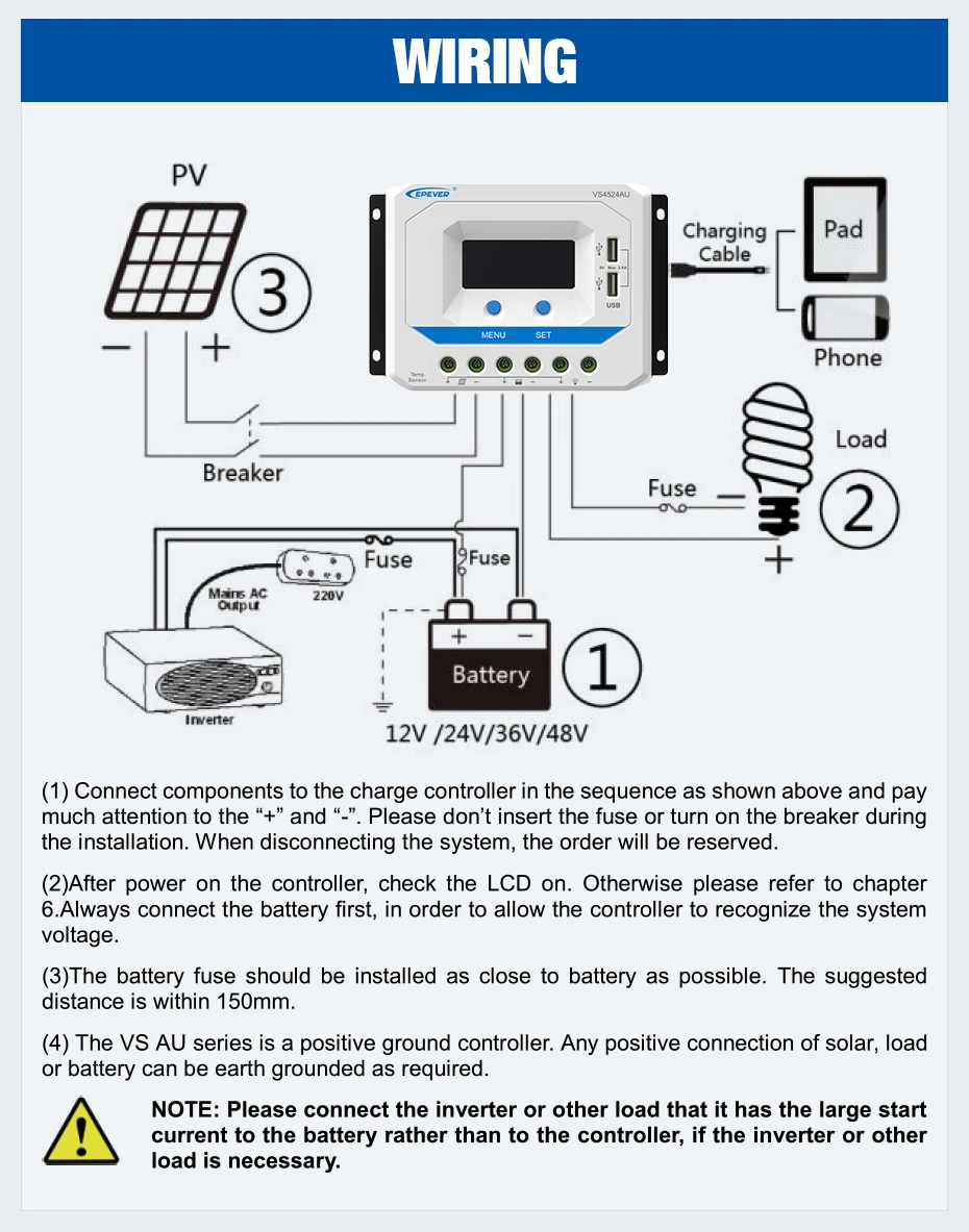 EPEVER 45A Solar Controller 12V 24V Auto VS4524AU PWM Charge Controller with Built in LCD Display and Double USB 5V Port_04