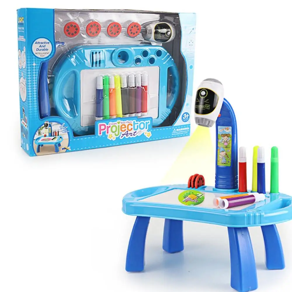 Детская обучающая живопись проектор настольная игрушка для письма доска для рисования учебный стол с лампой освещение интеллектуальный проектор инструмент подарок - Цвет: Синий