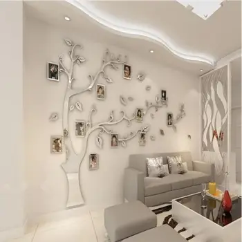 

DIY creative 3D silver pattent acrylic photo frame tree wall sticker sofa background wall decals living room home decoration