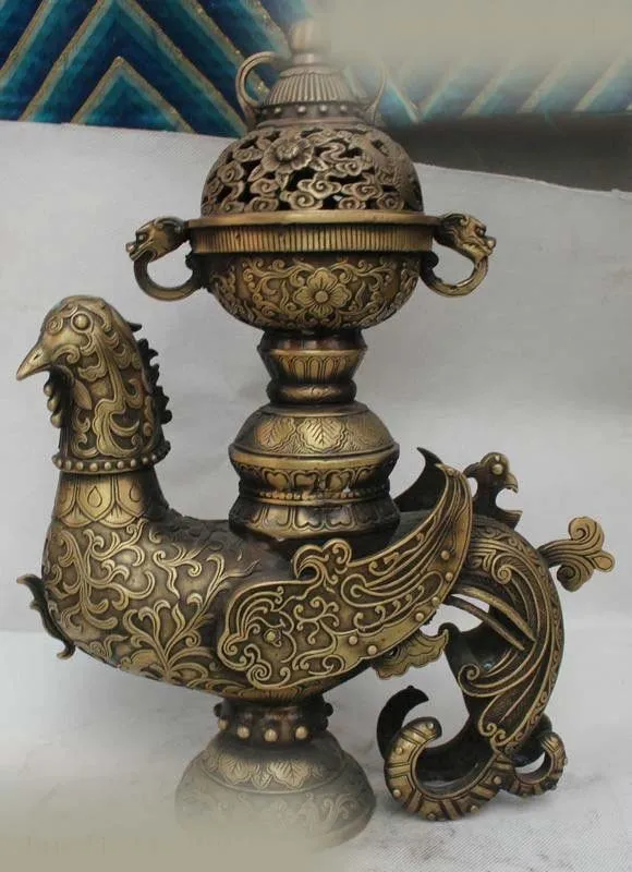 

DS 15"Marked Chinese Dynssty Palace Bronze Phoenix Bird Zun Incense Burner Censer
