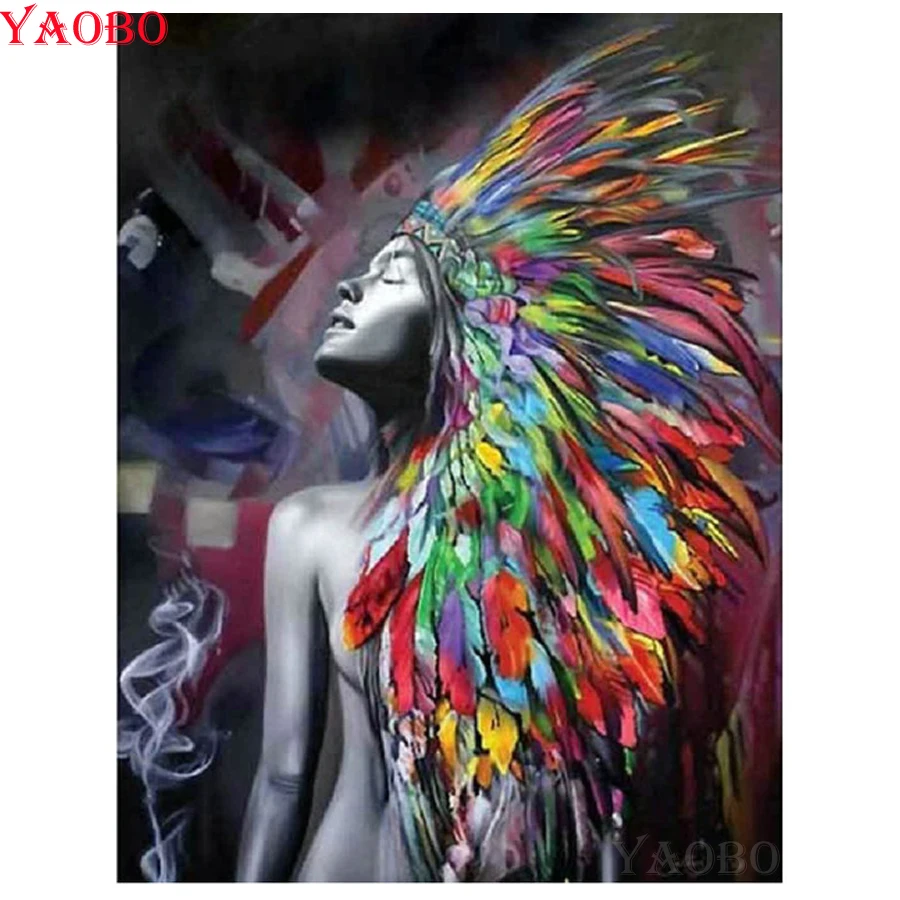 

5d diy diamond painting Indian woman full square round drill diamond embroidery colorful feathers cross stitch mosaic home decor