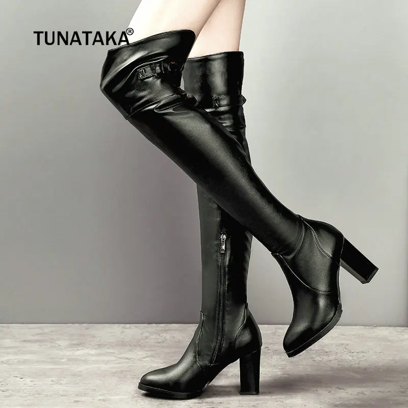 

Fur Winter Warm Over the Knee Boots Women Pu Leather Thick High Heel Thigh Boots Zipper Long Boots Woman Shoes Plus Size 2018