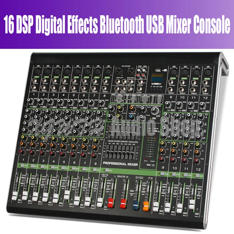 

12 Channel Bluetooth 16 DSP Digital Effect USB Bluetooth Mixing Console 48V Phantom Power for Karaoke Audio DJ Mixer