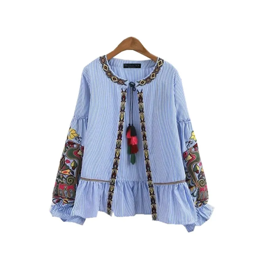 Women Ruffled Embroidery Tassel Striped Cardigan Blouse Shirt Puff