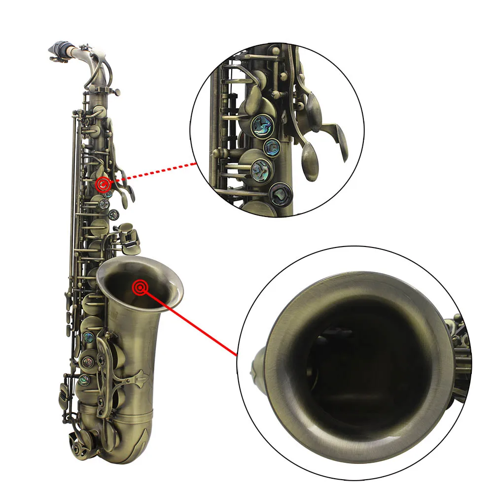 

Alto Saxophone High Grade Antique Finish Bend Eb E-flat Alto Sax Abalone Shell Key Carve Pattern with Case Gloves Cleaning Cloth