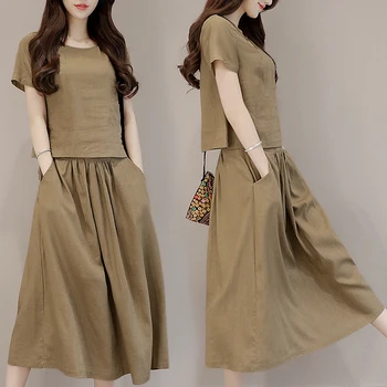 

Casual LSummer Fashion Cotton And Linen Set 2 Piece Set Youth Clothing Lady Suit Loose Top + Skirt