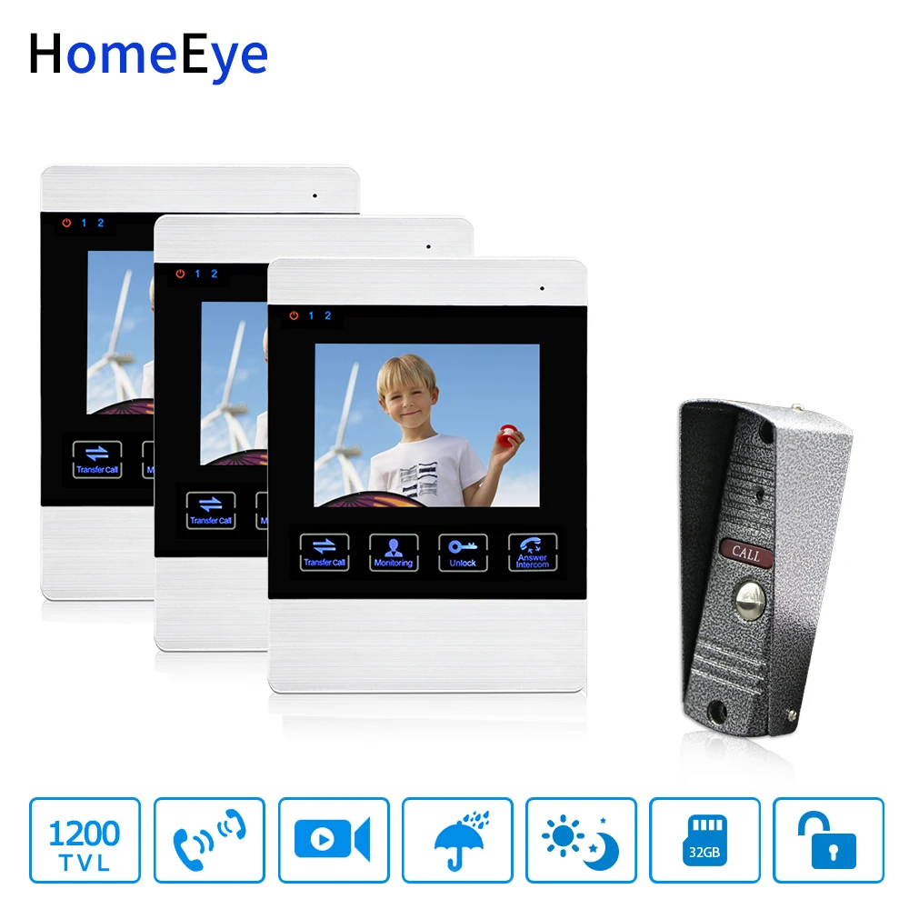 HomeEye Video Door Phone Video Intercom Touch Button Doorbell Camera 4'' Monitor Video Record Unlock Door OSD Menu Access System
