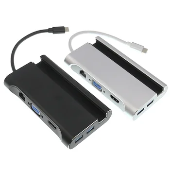 

5pcs/lot 7 in 1 USB Type C Holder Hub with 4K HDMI VGA RJ45 Gigabit Ethernet 3 USB 3.0 Port Type C PD Charging HUB Stand Holder