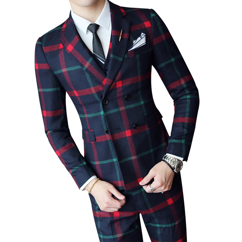 

2019 autumn new men's slim double-breasted plaid suit set three-piece (blazer + trousers + vest) Men's boutique plaid suit