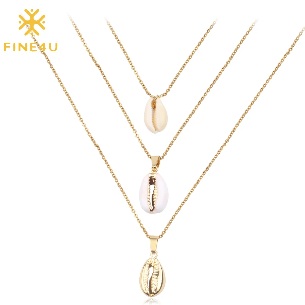 

FINE4U N177 New Bohemia Multi-layer Natural Sea Shell Pendant Necklace Stainless Steel Chain Necklaces Summer Beach Jewelry