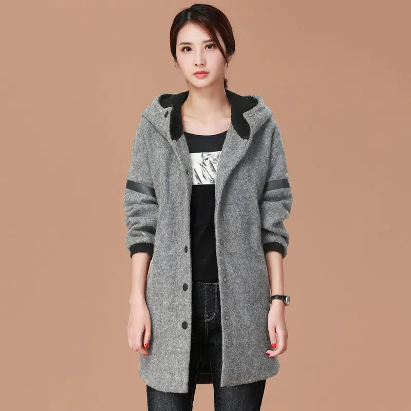 

2018 Autumn Winter New Korean Hooded Woolen Coat Femme Medium Long Thick Loose Large Size Single Breasted Gray Wool Jacket LQ324