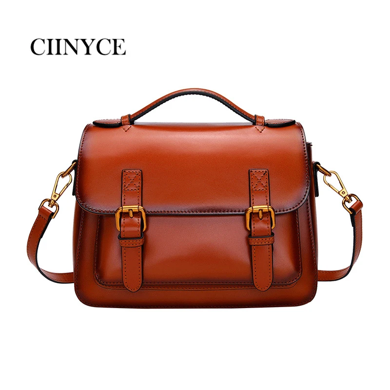 

Vintage Women's Flat Handbag Genuine Leather Ladies Retro Hasp Cross Body Collage School Bag Female Shoulder Clutch Travel Totes