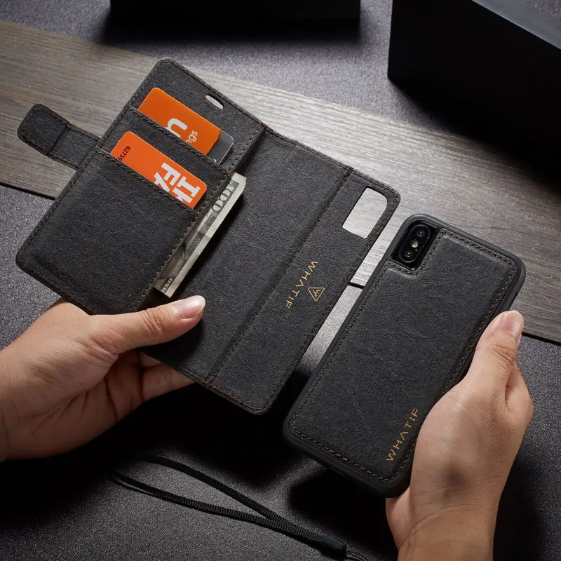 

WHATIF Kraft Paper Leather Separable Case Magnetic Detachable Stand Flip Wallet Cover for Iphone X XS 11 Pro Max XR 6S 7 8 Plus