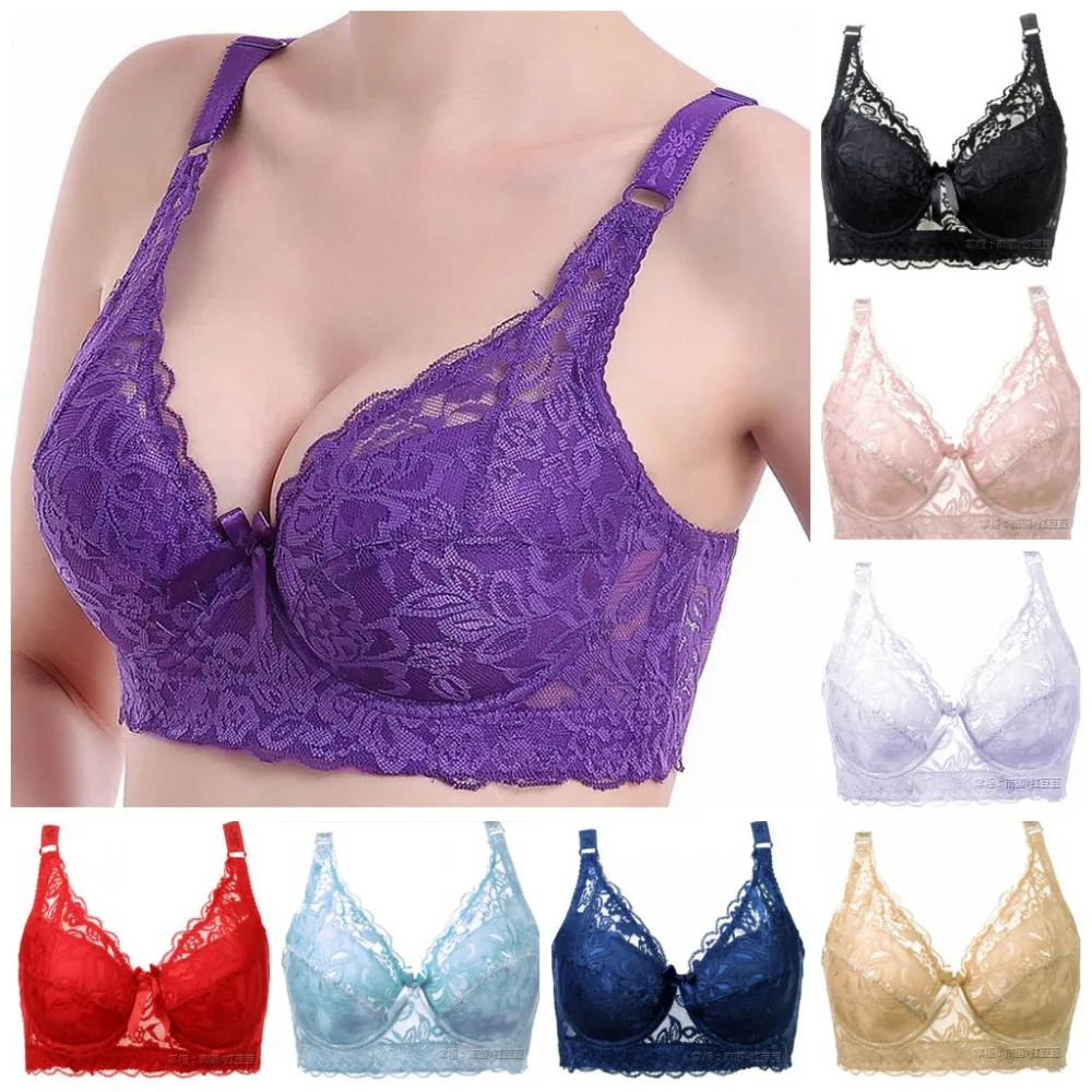Plus size Push up Ultra thin Sexy Full Lace Coverage Flower Adjustable Bras 80 100 C