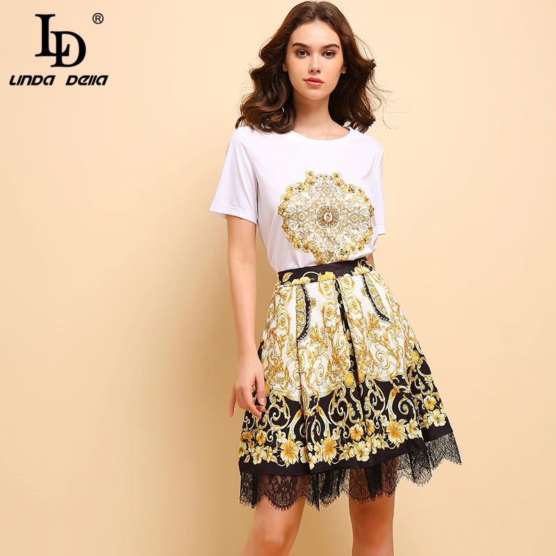 LD LINDA DELLA Fashion Spring Summer Suits Women's Elegant Short Sleeve Beading T-shirt+Vintage Floral Printed Skirt 2Pieces Set