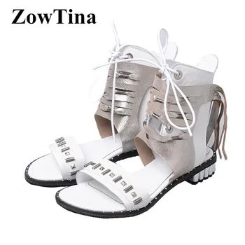 

Handmade Women White Leather Sandals Gladiator Studded Casual Flats Sandalias Lace Up Beach Summer Shoes Blue Bohemian Stilettos