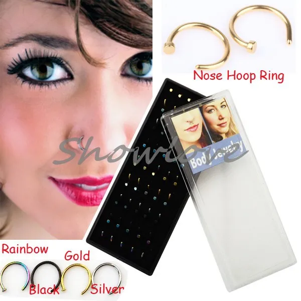Showlove40 Pcs Gold & Black & Steel & Rainbow Nose Hoop Ring Piercing
