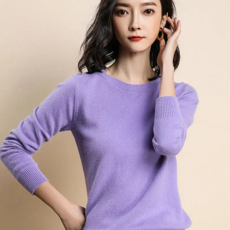 MERRILAMB, высокое качество, вязаные свитера для женщин, Повседневный, круглый вырез, тонкий свитер, женский, мягкий, однотонный, длинный рукав, вязаный пуловер - Цвет: Lght Purple