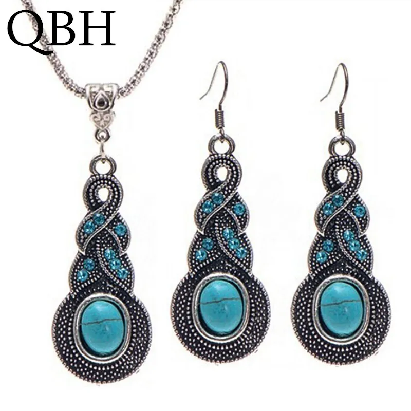 

European American Vintage Bohemian Jewelry Sets Blue Crystal Ethnic Big Gourd Necklace/Earrings Dangle for Women Fashion Beach