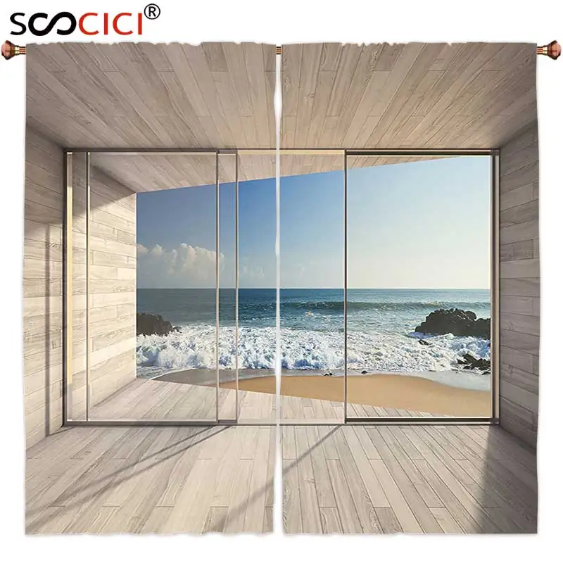 

Window Curtains Treatments 2 Panels,Room House Decor Image of Empty Modern Sleek Lounge Area with Large Window and View of Sea