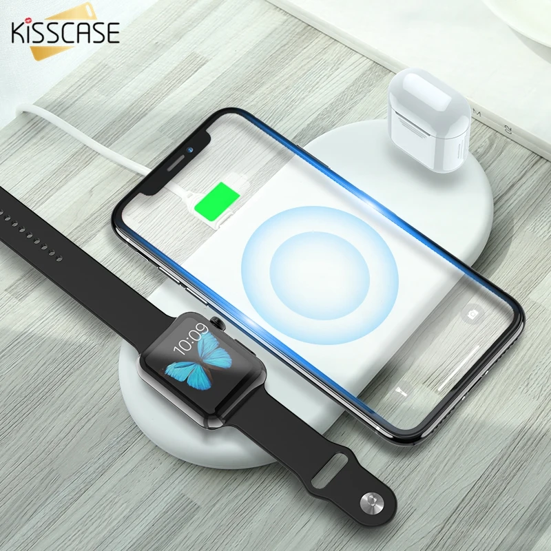 KISSCASE 3 In1 QI Wireless Charger For iPhone X XR XS Max Wireless Car Charger For AirPods Watch Mobile Phone Fast Charging