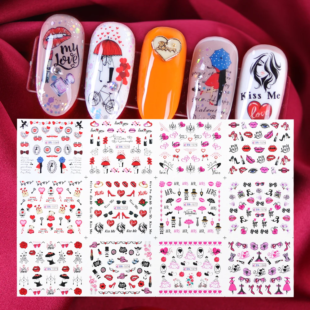 Смешанный дизайн на День святого Валентина переводные наклейки для ногтей слайдер для украшения ногтей любовь губы переводные наклейки из фольги набор SABN1069-1080