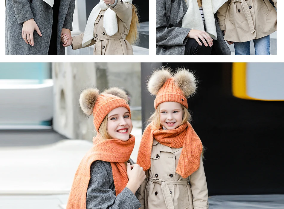 Parent-child Hat And Scarf Set Solid Winter Skullies Beanies With Fur Pompom High Quality Wool Knitted Hat Caps Children (10)