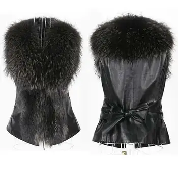 

Faux Fur Vest For Women Winter Jacket With Raccoon Dog Fur Collar Fitness Artificial Casual Coat S~3XL Black High Quality AL10