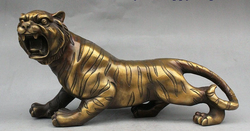 

13" Old China Folk FengShui Bronze Auspicious Ferocious Zodiac Year Tiger Statue