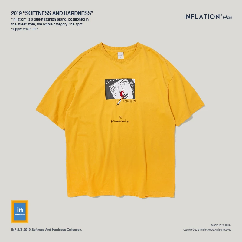 INFLATION Men Clothing Cartoon Funny Printed T-shirt Cotton Fashion High Street Couple Tees Streetwear Swag Top Tee 91195S