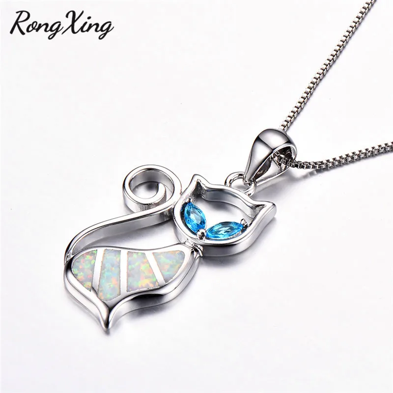 RongXing милый кот Белый/Синий Циркон глаз Белый Огненный Опал Подвески Ожерелья для
