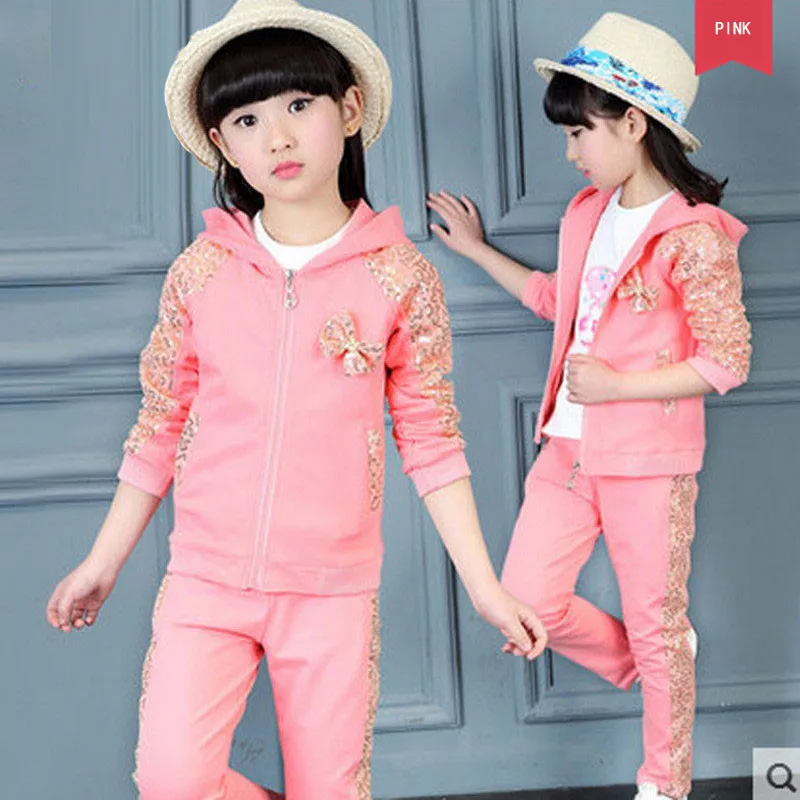 

Autumn Girls Sequin Bow Cloth Set Full Sleeve 3pcs Kids Suit Coat + T-shirt + Pants Daily Tracksuit 5-12 Years Hip Hop Clothing
