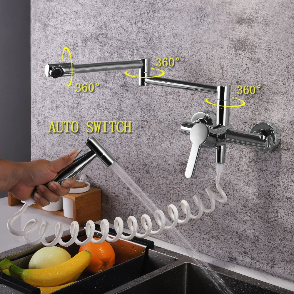 

SKOWLL Wall Mount Polished Rotation Kitchen Faucet with Bidet Sprayer 360 Swivel Single Handle Kitchen Tap