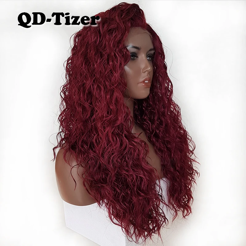 

QD-Tizer Burg Color Synthetic Lace Front Wig Long Loose Curly Hair Front Lace Wigs Natural Baby Hair Heat Resistant fiber